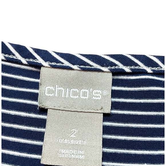 CHICO’S Rayon Spandex Blend Navy White Stripe Tunic Roll Tab Sleeves US Sz L - Picture 4 of 10